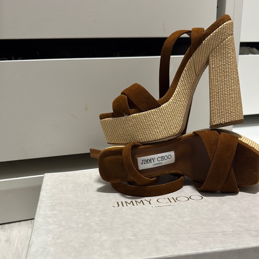 Jimmy Choo Tan and Cream Platform Heels